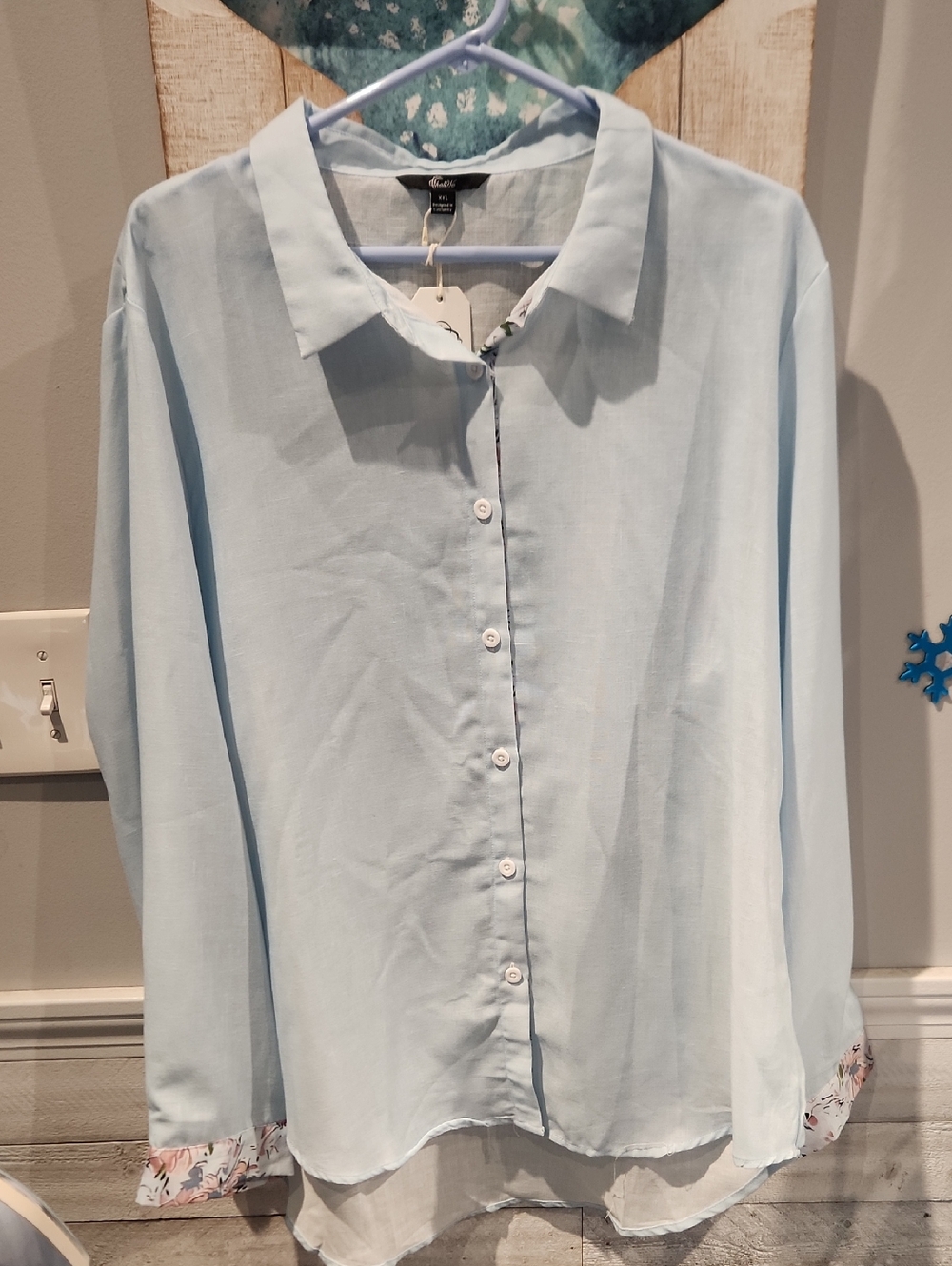 NWT Shall We Light Blue Button-Up Shirt with Floral Cuff Detail Sz XXL